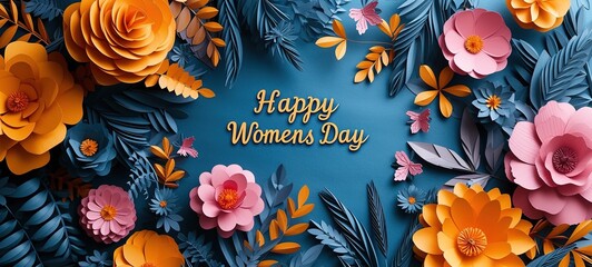 Fototapeta na wymiar Women's Day Banner. Floral flat lay greeting card with beautiful gerberas