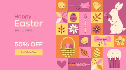 Geometric pink holiday banner for Happy Easter Sale. Trendy minimalistic illustration. Website decoration, graphic elements. Holiday covers, posters, greeting card. Cute flat vector illustrations