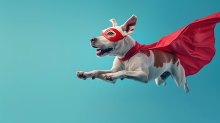 Superhero dog wearing red cape and mask jumping on blue background. Generative AI.