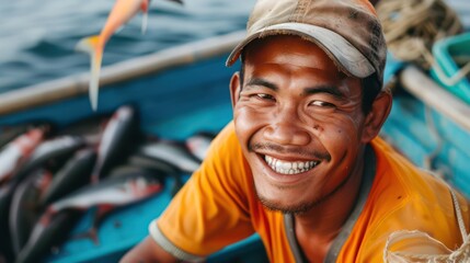 portrait of a happy fisherman, on a boat with a big catch of fish - obrazy, fototapety, plakaty