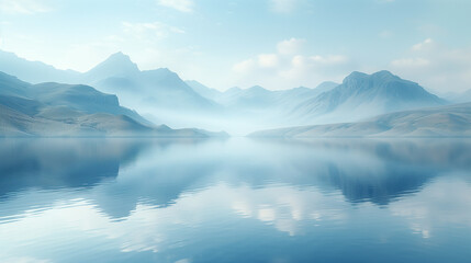 青色の静かな世界。青色の湖と青色の山