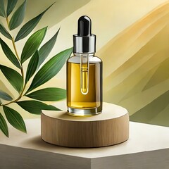Naklejka premium bottle of perfume on yellow background.a visually appealing 3D wallpaper featuring a single eco-friendly skincare oil bottle with a dropper. Present it on a pedestal adorned with a botanical accent ag