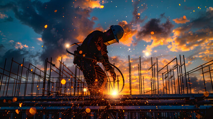 Silhouette of welder welding metal pieces on a metal structure at a construction site - obrazy, fototapety, plakaty