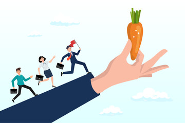 Business people run on giant hand to grab carrot stick, incentive, reward or bonus to motivate employee on hard working to reach success, company benefit, job promotion or employee program (Vector)