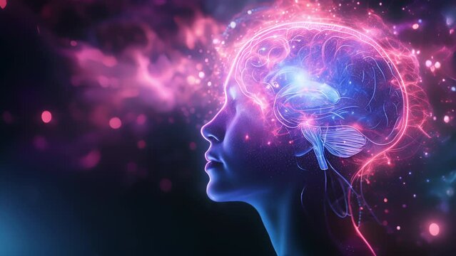 Abstract quantum consciousness of translucent purple and pink woman in profile using her mind to see into the infinity of the universe