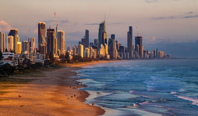 The view of the skyscrapers and the coastline of the Gold Coast in the dawn from the Tumgun Lookout...