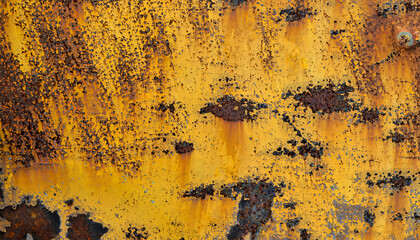 Old rusty painted metal surface, grungy yellow and black/brown abstract