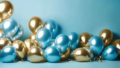 Celebratory backdrop with blue gold foil balloons on a pastel blue card, including copy space
