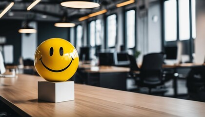 Office interior featuring a yellow smiley ball, symbolizing positivity and a cheerful work environment - Powered by Adobe