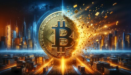 BTC halving 2024 illustrated by breaking Bitcoin, depicting the end and halving concept
