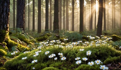daisies in the forest at sunrise. Generative AI.