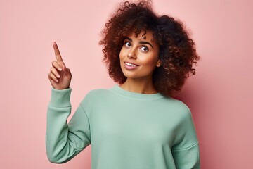 new ideas vibrant portrait of multiracial woman pointing finger up and looking away solution found. one color background - generative ai