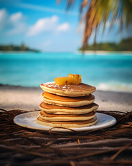 Pancakes on the Beach, eating pancakes on the beach, beach pancakes, tasty pancakes - obrazy, fototapety, plakaty
