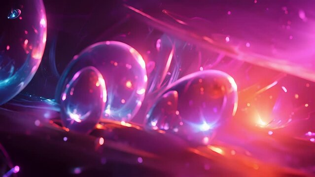 Futuristic Easter themed background of reflective Easter eggs surrounded by particles and pink neon light