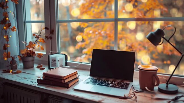 Autumn Workspace: Laptop and Book by the Window Amidst Fall Foliage Seamless looping 4k time-lapse virtual video animation background. Generated AI