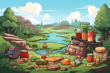 Cartoon cute doodles of characters setting up a makeshift picnic spot during a hiking break, complete with sandwiches and refreshing drinks, Generative AI