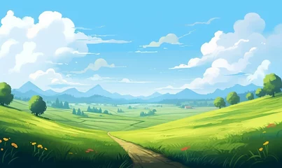 Foto auf Leinwand Summer fields, hills landscape, green grass, blue sky with clouds, flat style cartoon painting illustration. Generative AI  © The Picture Show