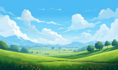 Fototapeten Summer fields, hills landscape, green grass, blue sky with clouds, flat style cartoon painting illustration. Generative AI  © The Picture Show