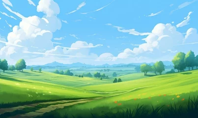 Poster Summer fields, hills landscape, green grass, blue sky with clouds, flat style cartoon painting illustration. Generative AI  © The Picture Show