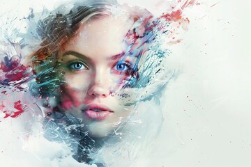 Abstract fantasy portrait blending a beautiful woman's face with a mesmerizing digital paint splash Evoking a sense of wonder and artistic expression