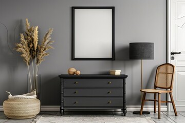 Elegant grey room with a sophisticated drawer and decorative items Featuring a mockup frame for art or photo displays Showcasing modern simplicity