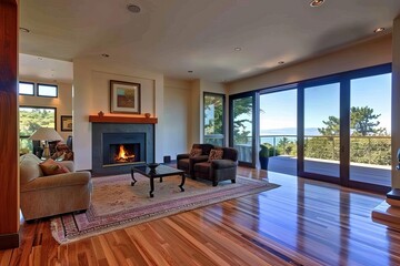 Elegant living room design with polished wooden floors and a modern fireplace Bathed in natural light from expansive windows offering a glimpse of the serene outdoors
