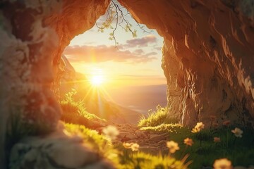 Empty tomb at sunrise Symbolizing the resurrection of jesus christ With rays of light illuminating...