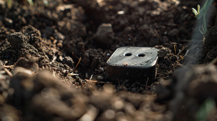 The sensor is partially buried in the soil with only the top visible.