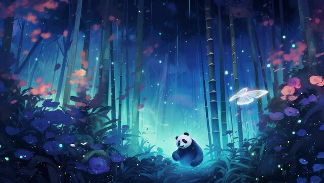 bamboo forest at night with panda emitting. seamless looping overlay 4k virtual video animation background 
