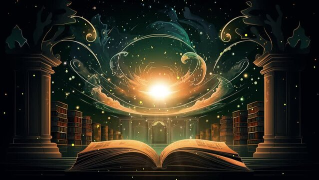 illustration glowcore flat design mystical scrolls. fantasy background with cartoon anime illustration concept. seamless looping overlay 4k virtual video animation background 