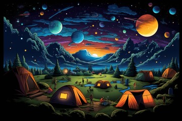 Cartoon cute doodles of characters setting up a colorful camping site after a day of hiking, complete with tents, a campfire, and stargazing, Generative AI