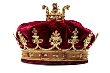 Regal golden crown on plush velvet Symbol of royalty and power Isolated on white
