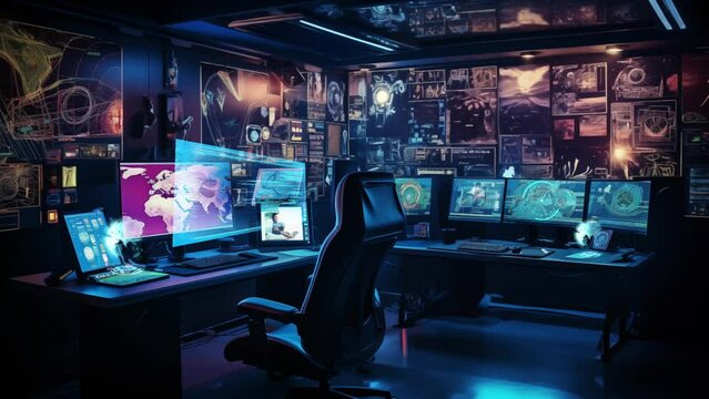 cybersecurity command center at night with computer. seamless looping overlay 4k virtual video animation background 