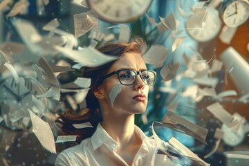 Surreal office chaos Young woman surrounded by swirling papers and clocks Concept of stress and...