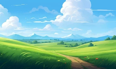 Foto op Canvas Summer fields, hills landscape, green grass, blue sky with clouds, flat style cartoon painting illustration. Generative AI  © The Picture Show