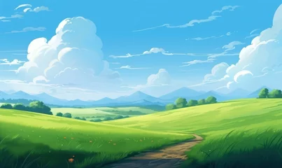 Foto auf Acrylglas Summer fields, hills landscape, green grass, blue sky with clouds, flat style cartoon painting illustration. Generative AI  © The Picture Show