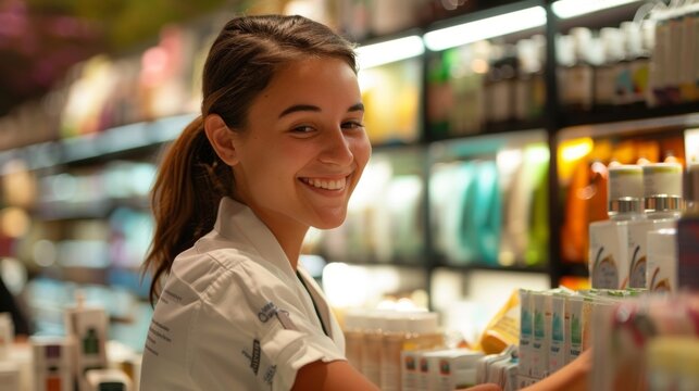 In a closeup shot of the dutyfree shops checkout counter a smiling store employee rings up a customers purchases while in the background shelves are stocked with popular travel