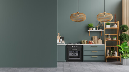 Dark green wall mock up kitchen room and minimalist interior design - 739648938