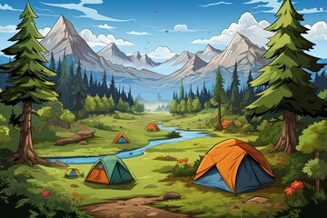 Cartoon cute doodles of characters pitching colorful tents in a designated camping area along the hiking trail, Generative AI - obrazy, fototapety, plakaty