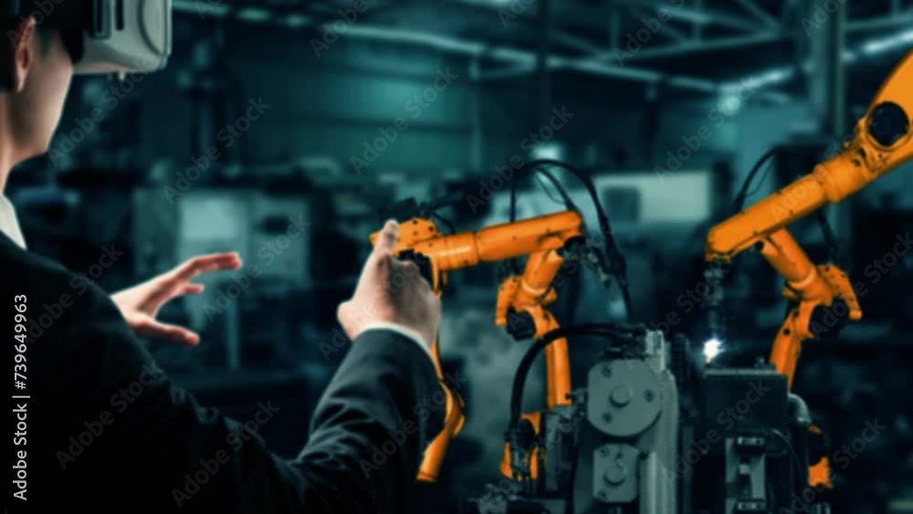 Poster xai engineer use cybernated robotic software to control industry robot arm in factory. automation ma