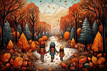 Cartoon cute doodles of characters hiking through a colorful autumn forest, with falling leaves and cozy scarves, Generative AI