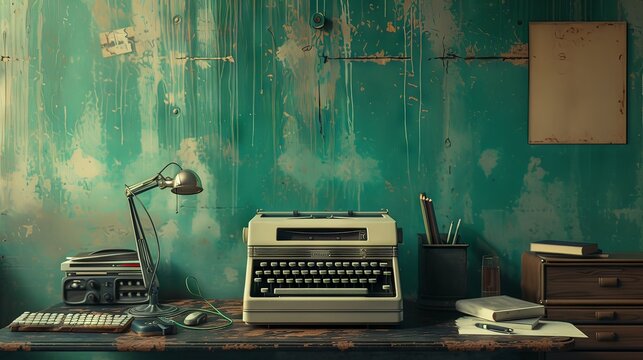 Naklejki Typewriter vintage style on green wall background