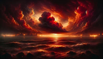 Fotobehang Apocalyptic Vision: Fiery Skies Over Dark Sea and Ruins © Ross
