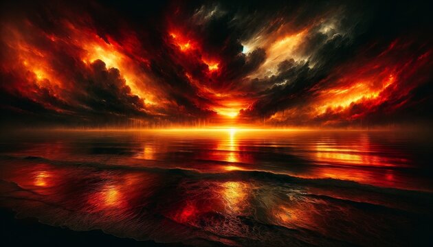 Apocalyptic Vision: Fiery Skies Over Dark Sea and Ruins