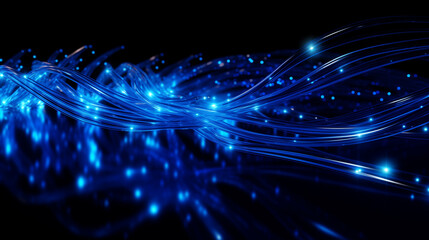 blue glowing internet cables on reflective black background, information or digital data transfer, digitalization, modern tech wallpaper, abstract background light waves
