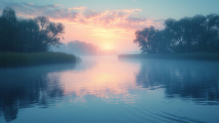 幻想的な湖の夜明け