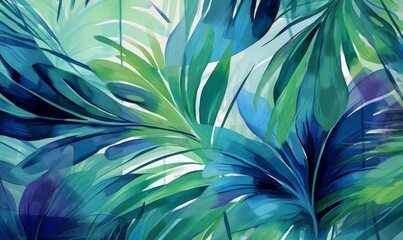 Fototapeta na wymiar Palm leaves floral watercolour vivid abstract background in a modern style. Botanical design, vivid blue and emerald green colours. Generative AI 