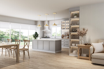 Modern luxury vintage style living and dining room overlooking kitchen and nature view 3d render, There are wooden floor ,decorated with wooden furniture, large window natural light into the room