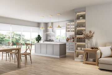 Modern luxury vintage style living and dining room overlooking kitchen and nature view 3d render, There are wooden floor ,decorated with wooden furniture, large window natural light into the room © onzon