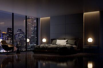 Night scene, Modern style luxury black master bedroom with city view 3d render, There are black terrazzo floor decorated wall with hidden light, furnished with black fabric bed